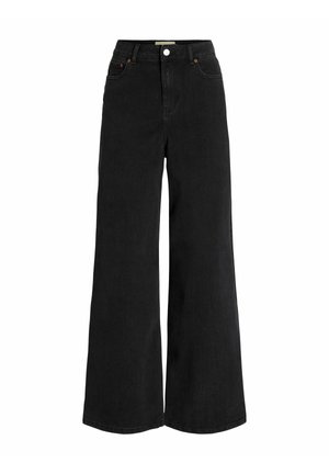 Jean noir taille haute à jambes larges avec poches avant, passants pour ceinture et fermeture à bouton.