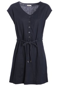 Abito blu navy con scollatura a V, maniche corte, chiusura con bottoni e cintura in vita. Realizzato in tessuto morbido con un taglio rilassato.