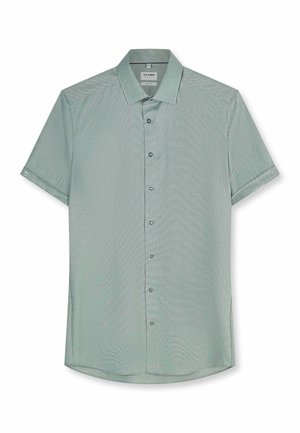 Chemise homme vert clair à manches courtes, boutonnée, avec un col pointu et un motif texturé subtil, soigneusement étalée à plat.