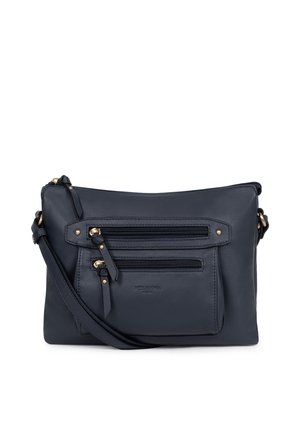 Granatowa torba na ramię z skóry z regulowanym paskiem, dwoma przednimi kieszeniami na zamek oraz złotymi suwakami i ćwiekami.