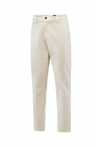 Beige katoenen chino's met een slanke pasvorm, voorzien van een knoopsluiting, riemlussen, zijzakken en een gladde textuur. Benadrukt door minimale stiksels.