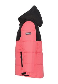 Pufferjakke med hætte, med en lys pink krop og sorte ærmer. Inkluderer lynlås lommer og et logo-patch på skulderen.