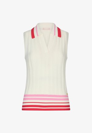 Top senza maniche di colore bianco in stile polo con texture a coste. Presenta un colletto a righe rosse e rosa in contrasto e righe orizzontali vicino all'orlo.