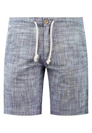 Light blue textured men's shorts with button closure and white drawstring at the waist, featuring front pockets and a small side label.