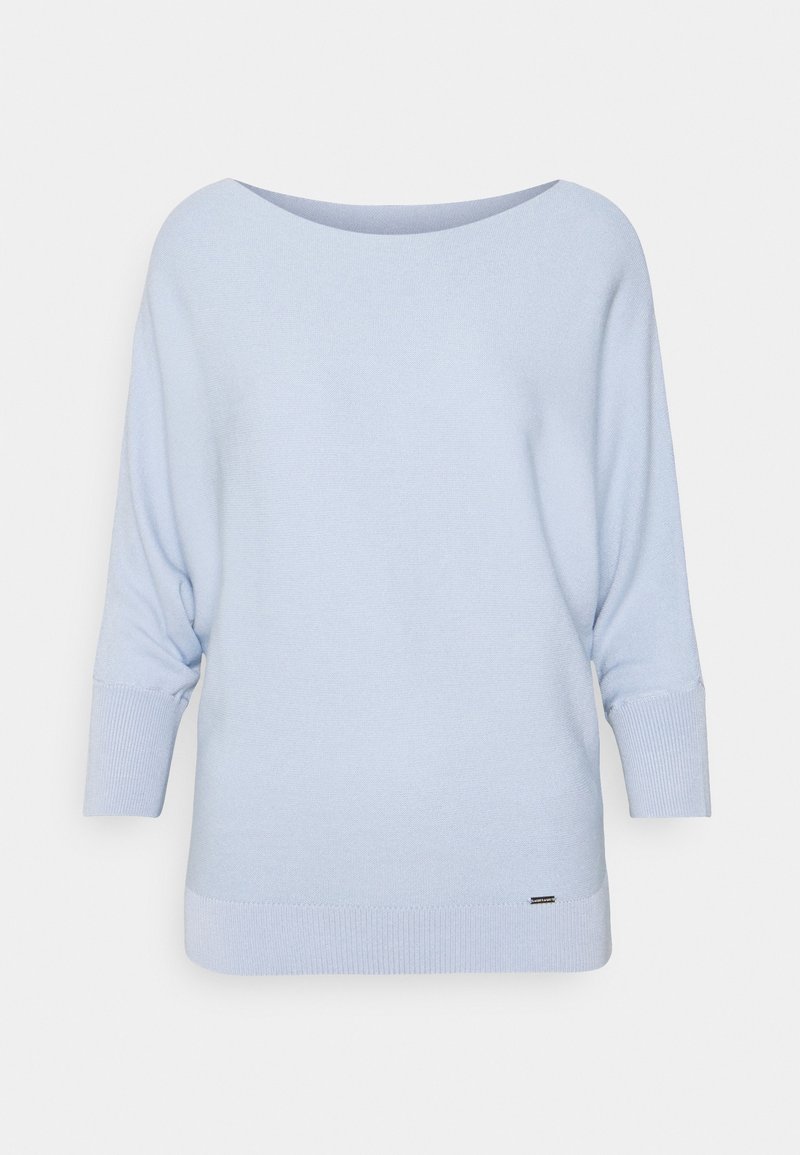 Light blue knit sweater with wide boat neckline and three-quarter length sleeves, featuring ribbed cuffs and hem.
