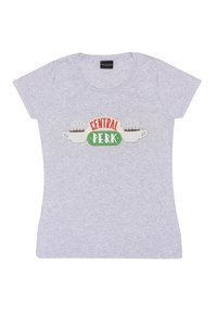 Grå kortärmad t-shirt i bomull med en "CENTRAL PERK"-logotyp som har kaffekoppar och ånggrafik i grönt, röd och vitt.