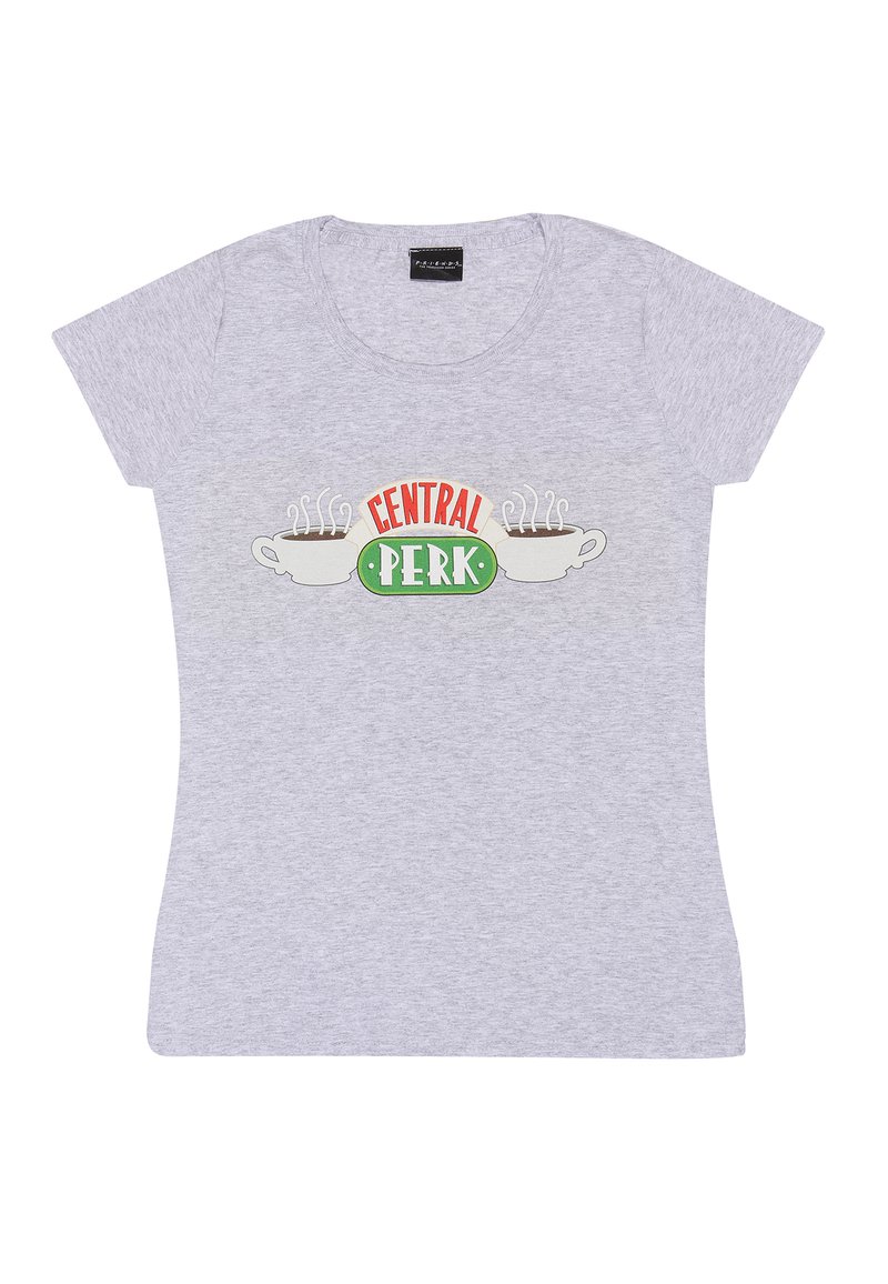 Grå kortärmad t-shirt i bomull med en "CENTRAL PERK"-logotyp som har kaffekoppar och ånggrafik i grönt, röd och vitt.