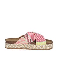 Geweven stoffen slippers met meerdere kleuren in roze, geel en bruin, met een natuurlijke gevlochten jute zool.