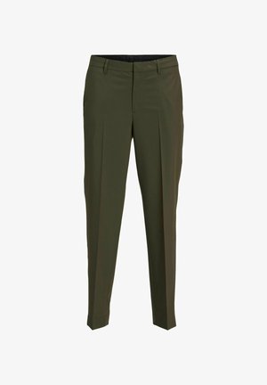 Spodnie w oliwkowym kolorze, dopasowane, o gładkiej fakturze, z kieszeniami z przodu i prostymi nogawkami. Zawierają szlufki na pasek oraz kieszenie boczne.