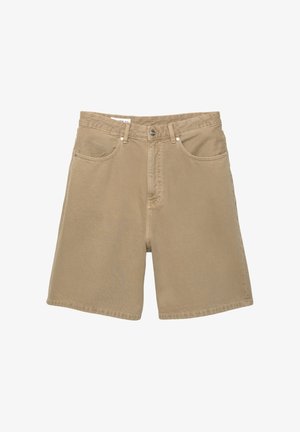 Shorts in denim beige con taglio dritto, cinque tasche, chiusura frontale con bottone e doppia cucitura lungo i bordi. Texture liscia, design casual.