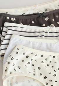 Cinque coppie di mutandine da donna in vari colori: nero con motivo floreale, crema con fiori neri e a righe. Tessuto di cotone morbido, cinturini elasticizzati.