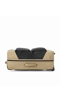 Borsa da viaggio beige con ruote e sezione superiore nera. Presenta tasche con cerniera, un design imbottito e una maniglia laterale per un facile trasporto.