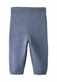 Dziewczęce niebieskie legginsy dla niemowląt z dzianiny, z ribbowanym paskiem w talii, dopasowanym krojem i fakturowanym wzorem stulu. Brak dodatkowych elementów czy akcentów.
