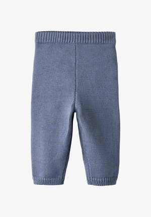 Gestrickte blaue Babyleggings mit einem gerippten Bund, taillierter Form und strukturiertem Muster. Keine zusätzlichen Beschläge oder Akzente vorhanden.