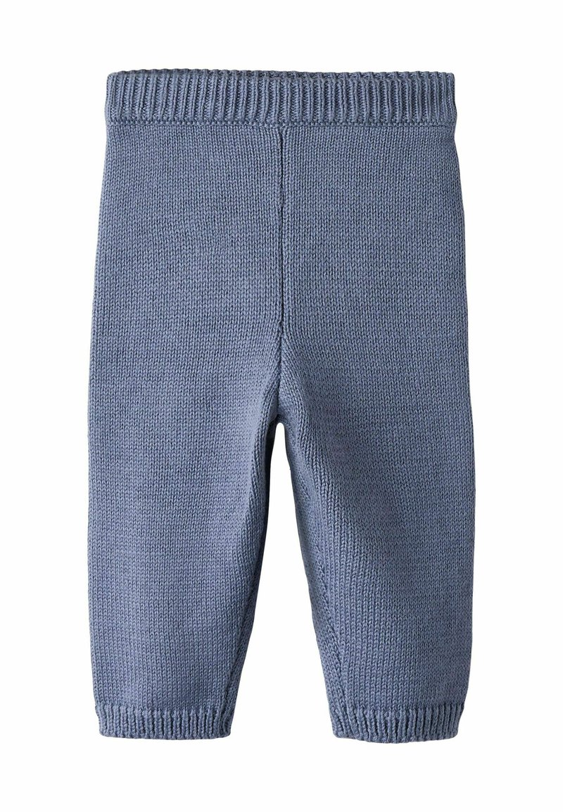 Dziewczęce niebieskie legginsy dla niemowląt z dzianiny, z ribbowanym paskiem w talii, dopasowanym krojem i fakturowanym wzorem stulu. Brak dodatkowych elementów czy akcentów.