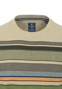 Beige sweater featuring horizontal stripes in green, black, blue, and orange. Knit texture with a crew neckline and label inside.
