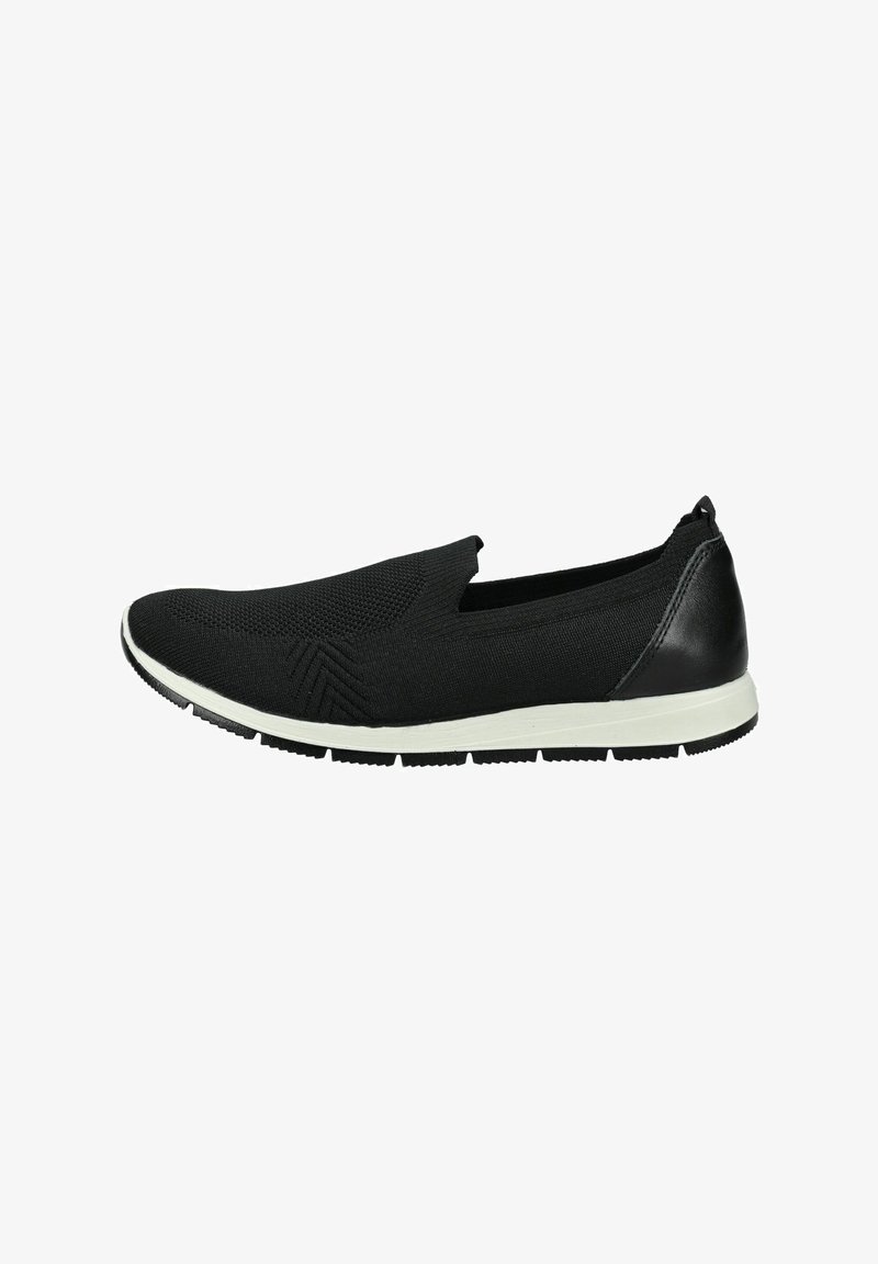 Scarpe slip-on nere con tomaia in maglia testurizzata, dettagli in pelle e una suola bianca con battistrada a motivo per una maggiore aderenza.