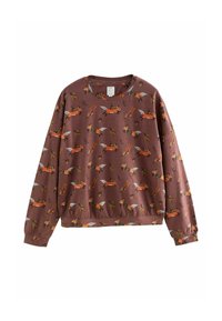 Brown long-sleeve sweatshirt with a playful pattern of orange, black, and white foxes and small leaf branches.
