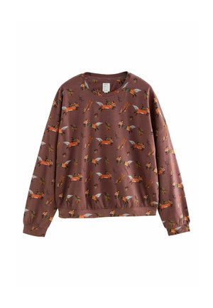 Brown long-sleeve sweatshirt with a playful pattern of orange, black, and white foxes and small leaf branches.