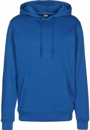 Kék kapucnis pulóver, puha anyagból készült, elülső zsebből, fém végű zsinórokkal, bordázott mandzsettákkal és aljjal.