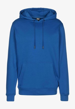 Kék kapucnis pulóver, puha anyagból készült, elülső zsebből, fém végű zsinórokkal, bordázott mandzsettákkal és aljjal.