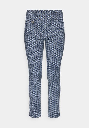 Pantaloni albaștri cu un model geometric în nuanțe de albastru și alb. Construiți dintr-un material elastic cu un croi slim.