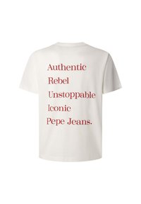 Maglietta di cotone bianca con testo rosso sul retro: "Authentic, Rebel, Unstoppable, Iconic, Pepe Jeans." Design semplice a girocollo.
