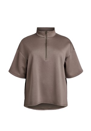 Brauner kurzärmliger Pullover mit hochgeschlossenem Kragen und halber Reißverschlussfront. Hergestellt aus glattem Stoff mit entspannter Passform und abgerundetem Saum.
