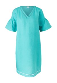 Robe turquoises longueur genou avec col en V, manches courtes évasées et découpe décorative sur le col et l'ourlet.