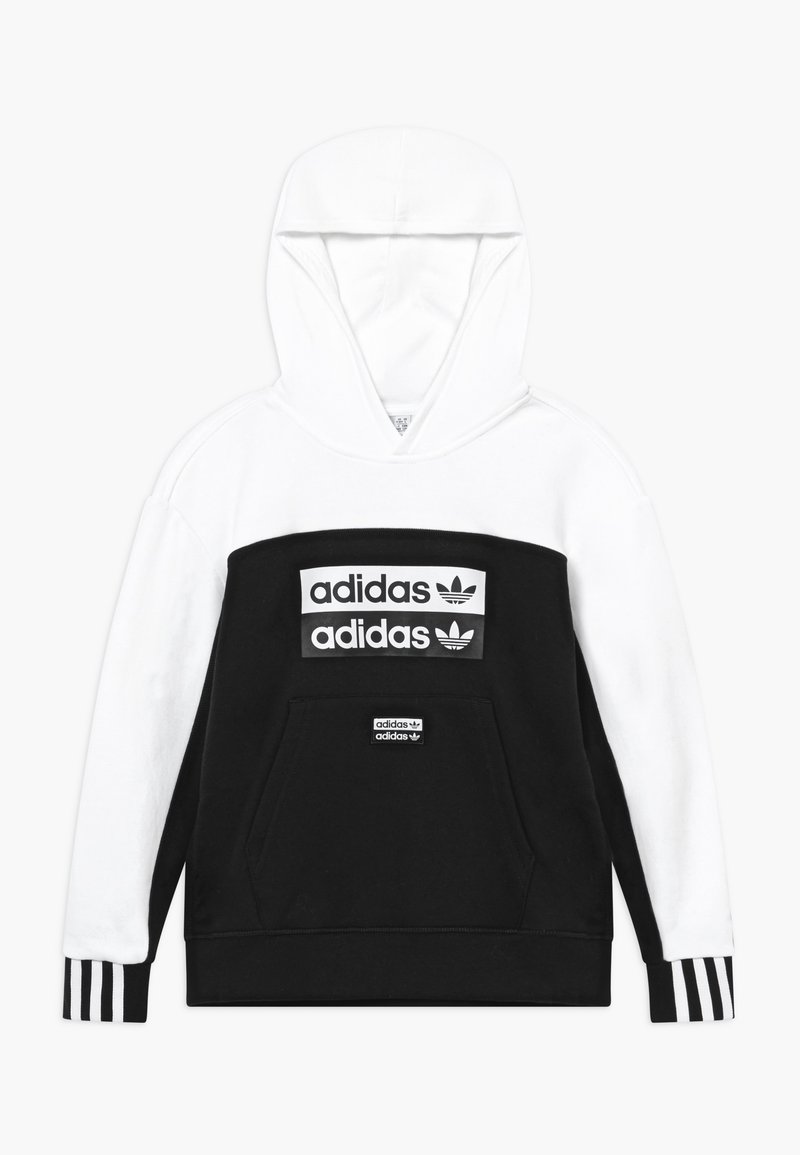 Hoodie Adidas noir et blanc avec une poche kangourou, accents de logo sur la poitrine et poignets rayés. Fabriqué à partir d'un tissu doux.