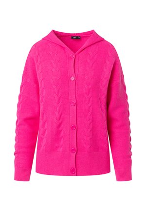 Světlá růžová kardigan s kapucí, s texturovaným designem v jemném pletení, dlouhými rukávy a pěti odpovídajícími knoflíky vpředu.