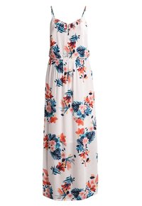 Robe longue blanche sans manches avec fines bretelles et imprimé floral tropical coloré en nuances de bleu, orange et rose.