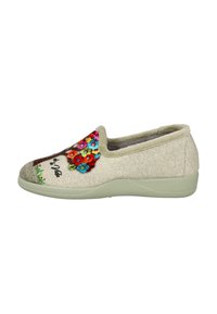 Zapatos slip-on de fieltro en gris claro con bordados florales en varios colores. Suela de goma con un patrón texturizado para mayor agarre.