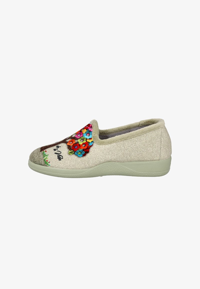 Zapatos slip-on de fieltro en gris claro con bordados florales en varios colores. Suela de goma con un patrón texturizado para mayor agarre.