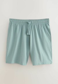 Lichtblauwe zwembroek tot op de knie met een elastische tailleband en een trekkoord, gemaakt van zacht materiaal met een gladde textuur.