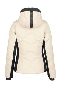 Puffermantel in Creme mit schwarzen Seitenpaneelen. Verfügt über eine Kapuze und ein diagonales Steppmuster, gefertigt aus weichem, isolierendem Material.