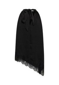 Jupe noire asymétrique avec finition en dentelle à l’ourlet et ceinture nouée, présentée sur fond blanc.