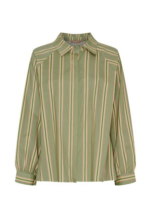 Grøn langærmet skjorte med knapper, med lodrette lyserøde og hvide striber, spids krave og manchetter med knapper.