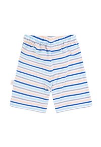 Shorts a righe con una combinazione di linee orizzontali blu, grigie e pesca, realizzati in tessuto morbido con una vita elastica.