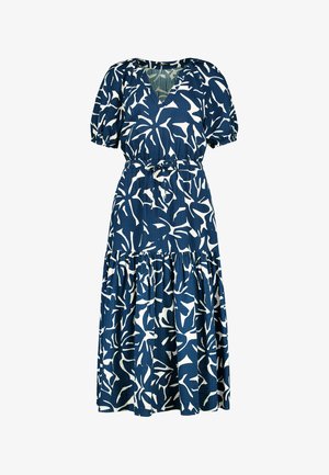 Blauwe midi-jurk met witte abstracte bloemprint, pofmouwen, V-hals, geplooide taille en laagjesrok.