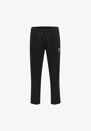 Pantaloni sportivi neri con vita elasticizzata, design slim-fit, texture liscia e un piccolo logo sul lato sinistro.
