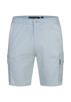 Pantaloni cargo da uomo azzurri chiari con chiusura a bottone, vita elastica e tasche laterali con patta.