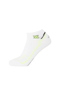 White ankle sock with neon yellow accent stripes, featuring black logo and textured details, designed for an athletic fit.