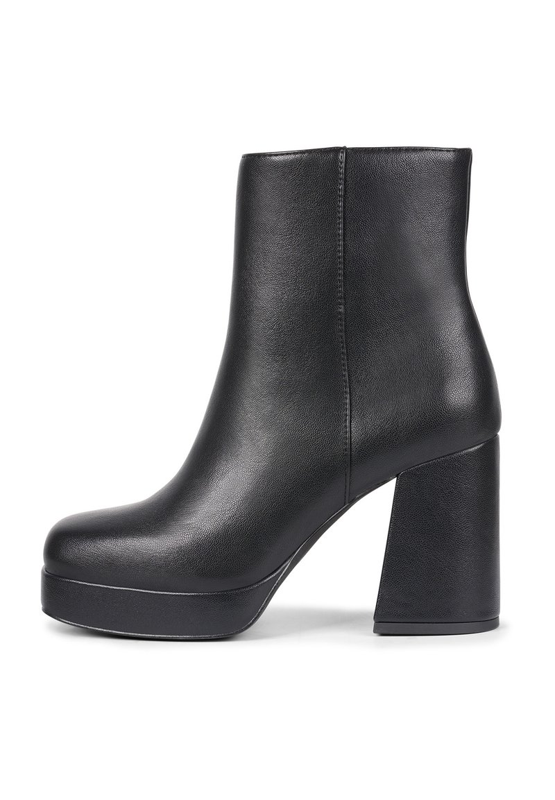 Black leather ankle boot with a smooth texture, round toe, and a chunky heel. Features a platform sole and minimal stitching detail.