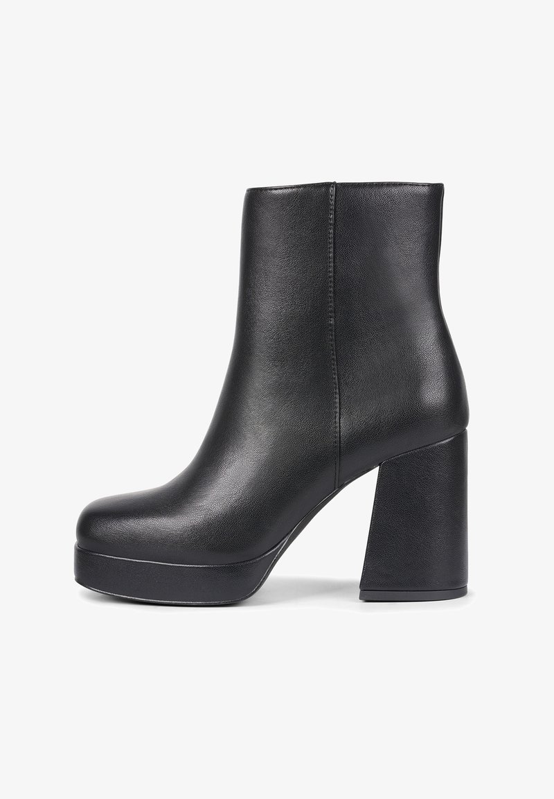 Black leather ankle boot with a smooth texture, round toe, and a chunky heel. Features a platform sole and minimal stitching detail.