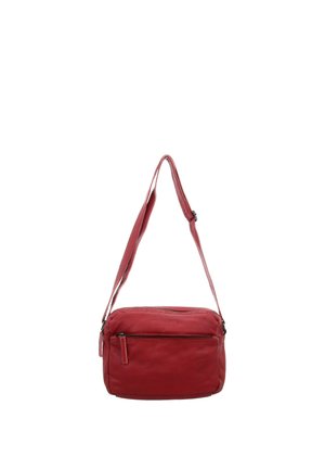 Red leather crossbody bag with adjustable strap and front zippered pocket, isolated on white background.