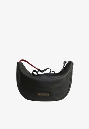 Black textured leather shoulder bag with a curved shape, red accent strap, and a small branded metal plaque on the front.