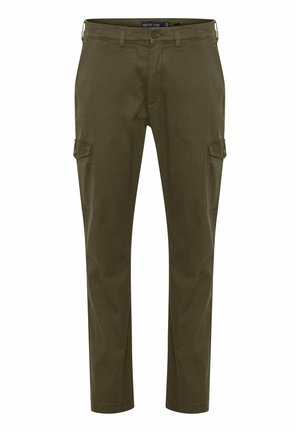 Olivově zelené cargo kalhoty s několika kapsami, zúženým střihem nohavic, odolným bavlněným materiálem a poutky na pásek. Hladká textura.