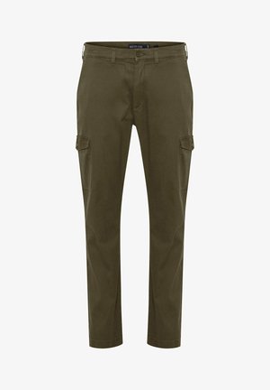 Olivově zelené cargo kalhoty s několika kapsami, zúženým střihem nohavic, odolným bavlněným materiálem a poutky na pásek. Hladká textura.