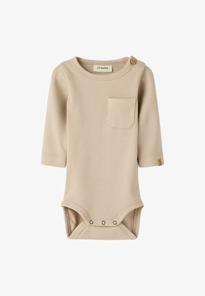 Beige ribbed long-sleeve baby bodysuit with front pocket, shoulder button, and snap closures at the bottom for easy diaper changes.